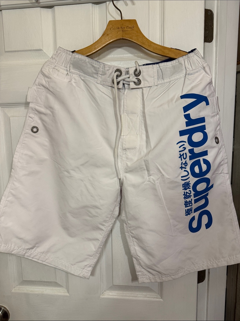 Superdry White Swim Board Shorts with Blue Logo